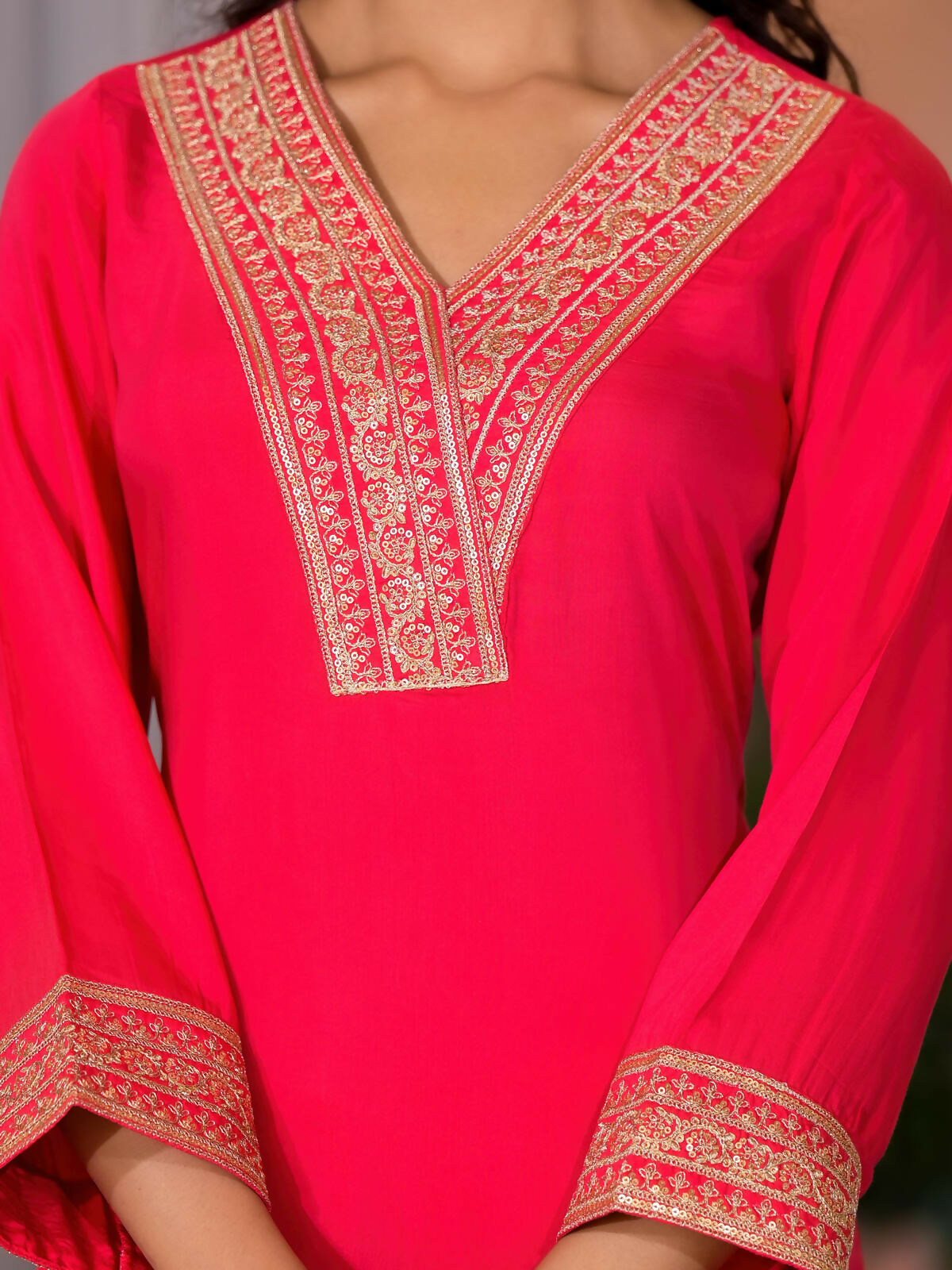 Juniper Women's Fuchsia Zari Embroidered Viscose Kurta & Pant Set With Sequins | Grocsy