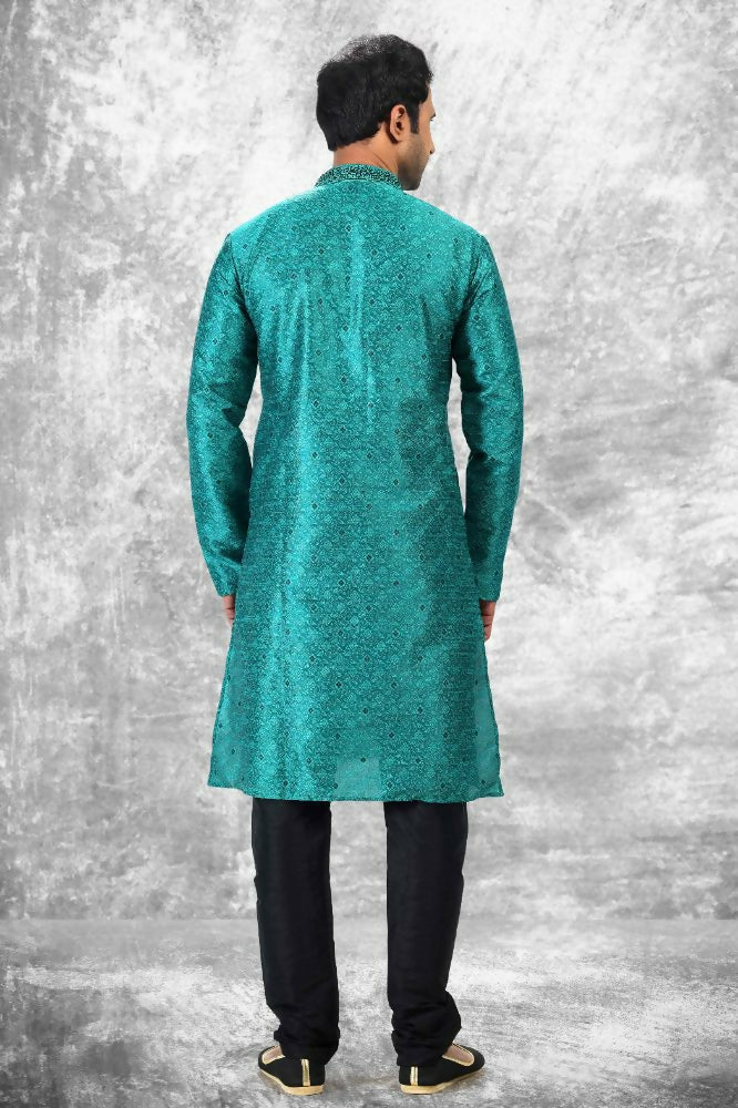 Raivat Ethnic Jacquard Silk Brocade Thread Work Kurta Pajama In Teal Green Colour | Grocsy
