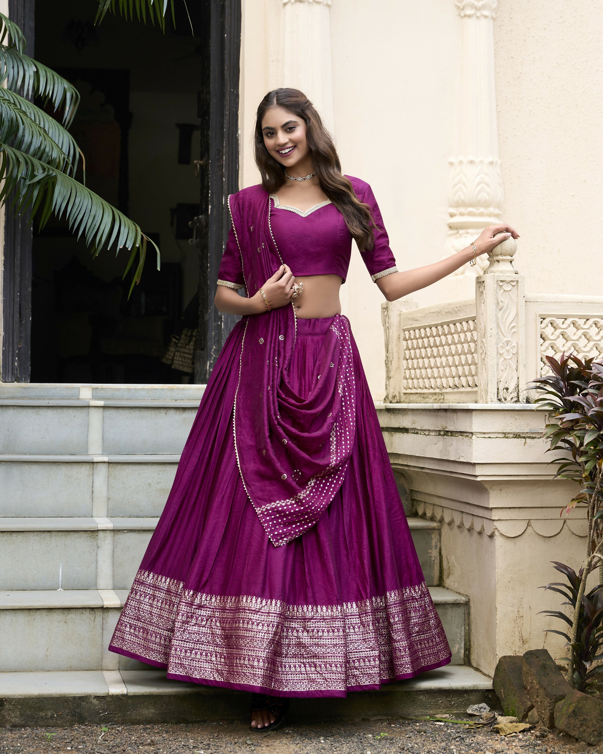 Lorenvalley Wine Pure Chanderi Plain With Zari Weaving Work Border Lehenga Choli | Grocsy