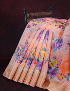 Vibrant Combination of Baby Peach and Orange with Floral Design Semi Chanderi Saree By Gayathri Reddy Designer Studio | Grocsy