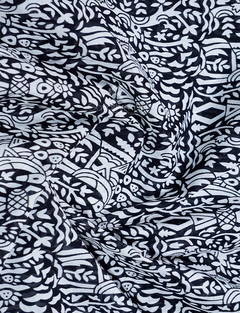 White And Black Combo Block Print Pure Mulmul Cotton Saree By Gayathri Reddy Designer Studio | Grocsy
