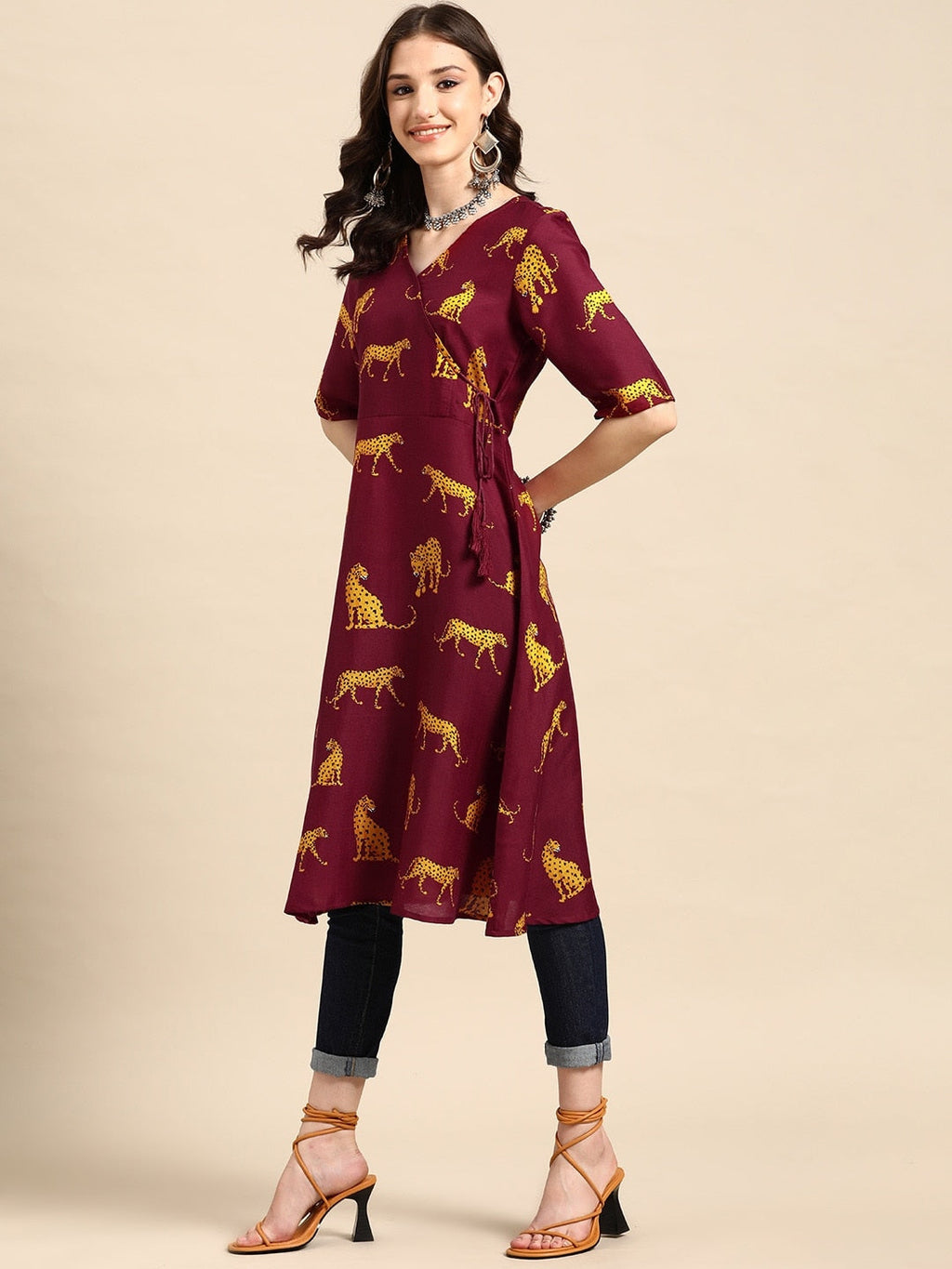Sangria Animal Print Angrakha Kurta | Grocsy