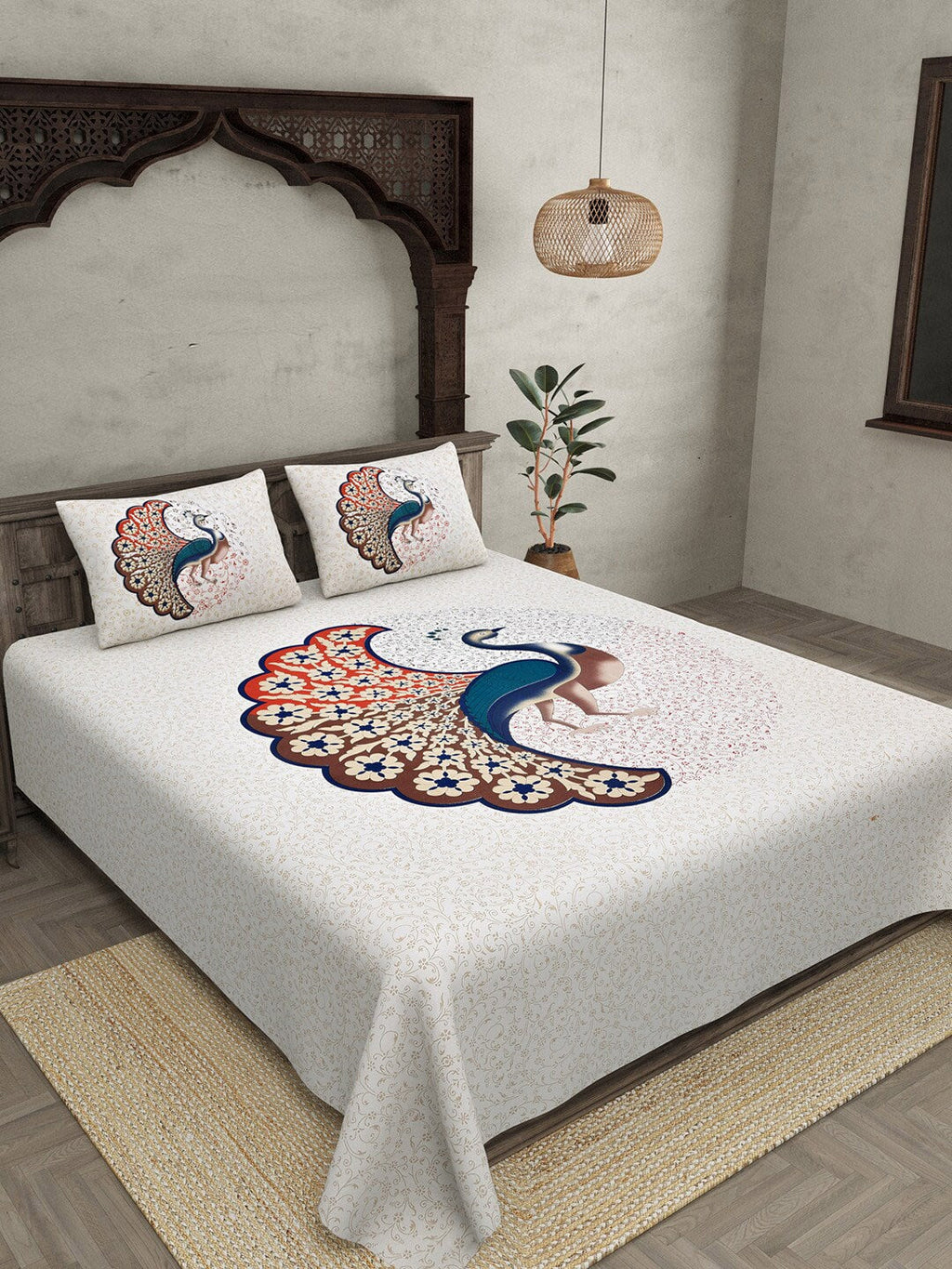 JAIPUR FABRIC Off White & Red Printed 240 TC Cotton King Bedsheet with 2 Pillow Covers | Grocsy