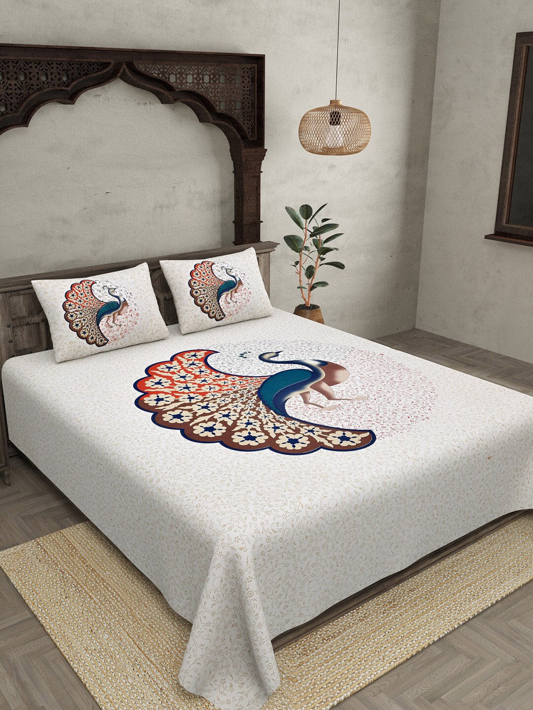 JAIPUR FABRIC Off White & Red Printed 240 TC Cotton King Bedsheet with 2 Pillow Covers | Grocsy
