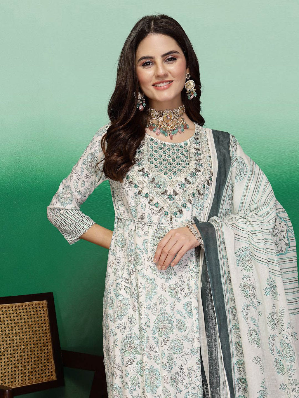 Sangria White & Green Floral Printed A-Line Kurta With Trouser & Dupatta | Grocsy