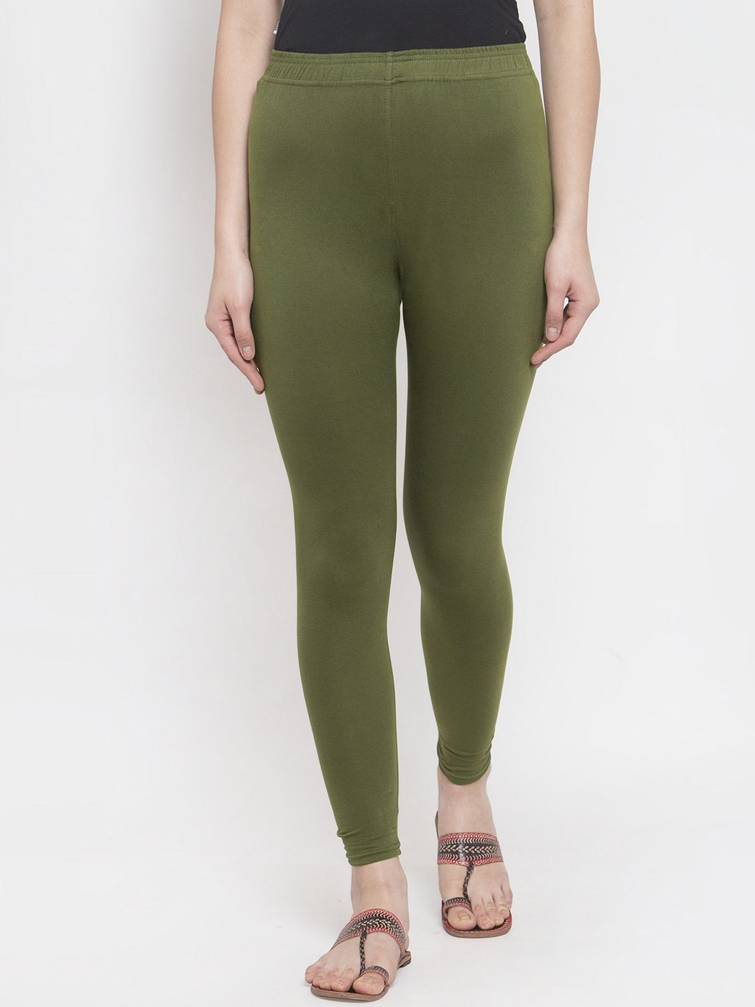 TAG 7 Women Olive Green Solid Ankle-Length Leggings | Grocsy