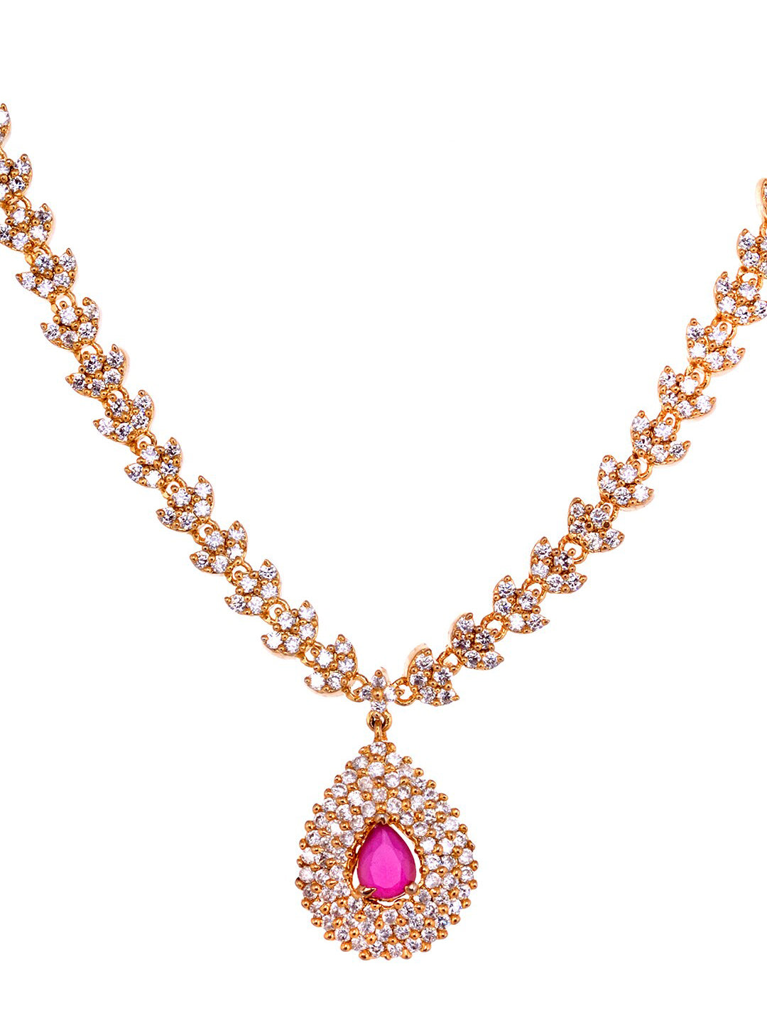 Saraf RS Jewellery Gold-Polished White & Red American Diamond Studded & Beaded Handcrafted Jewellery Set | Grocsy