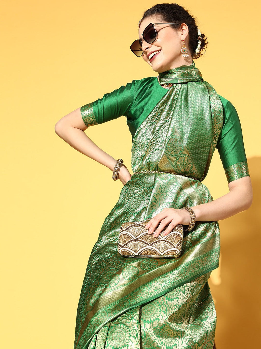 Saree Mall Green & Golden Woven Design Banarasi Saree | Grocsy