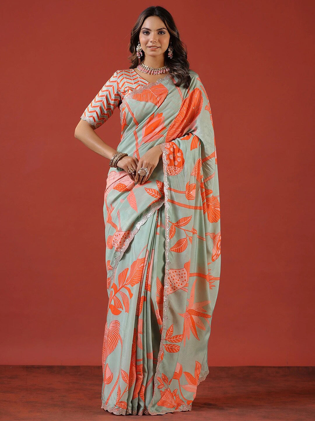 Sangria Sea Green Floral Printed Zari Saree | Grocsy