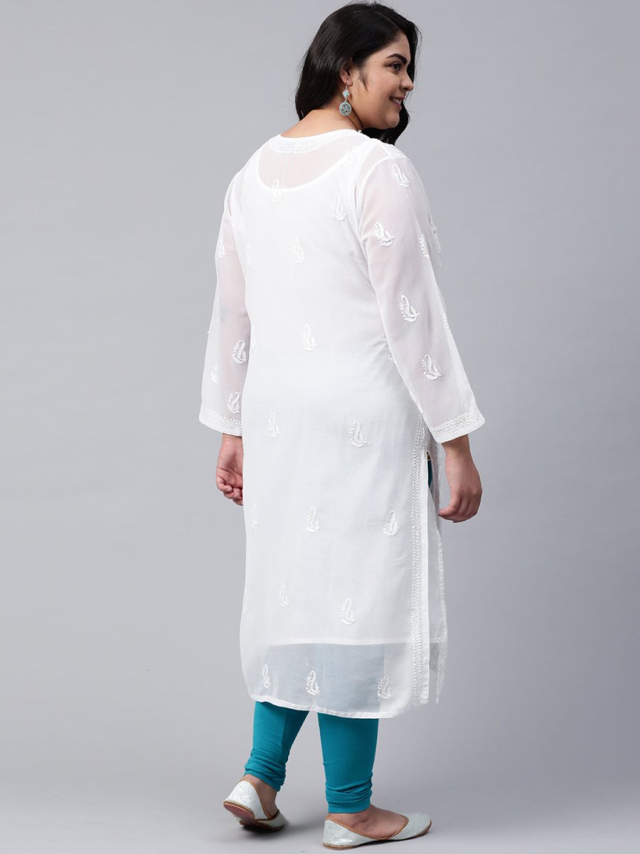 ADA Women Plus Size White Ethnic Motifs Chikankari Embroidered Georgette Handloom Kurta With Slip | Grocsy