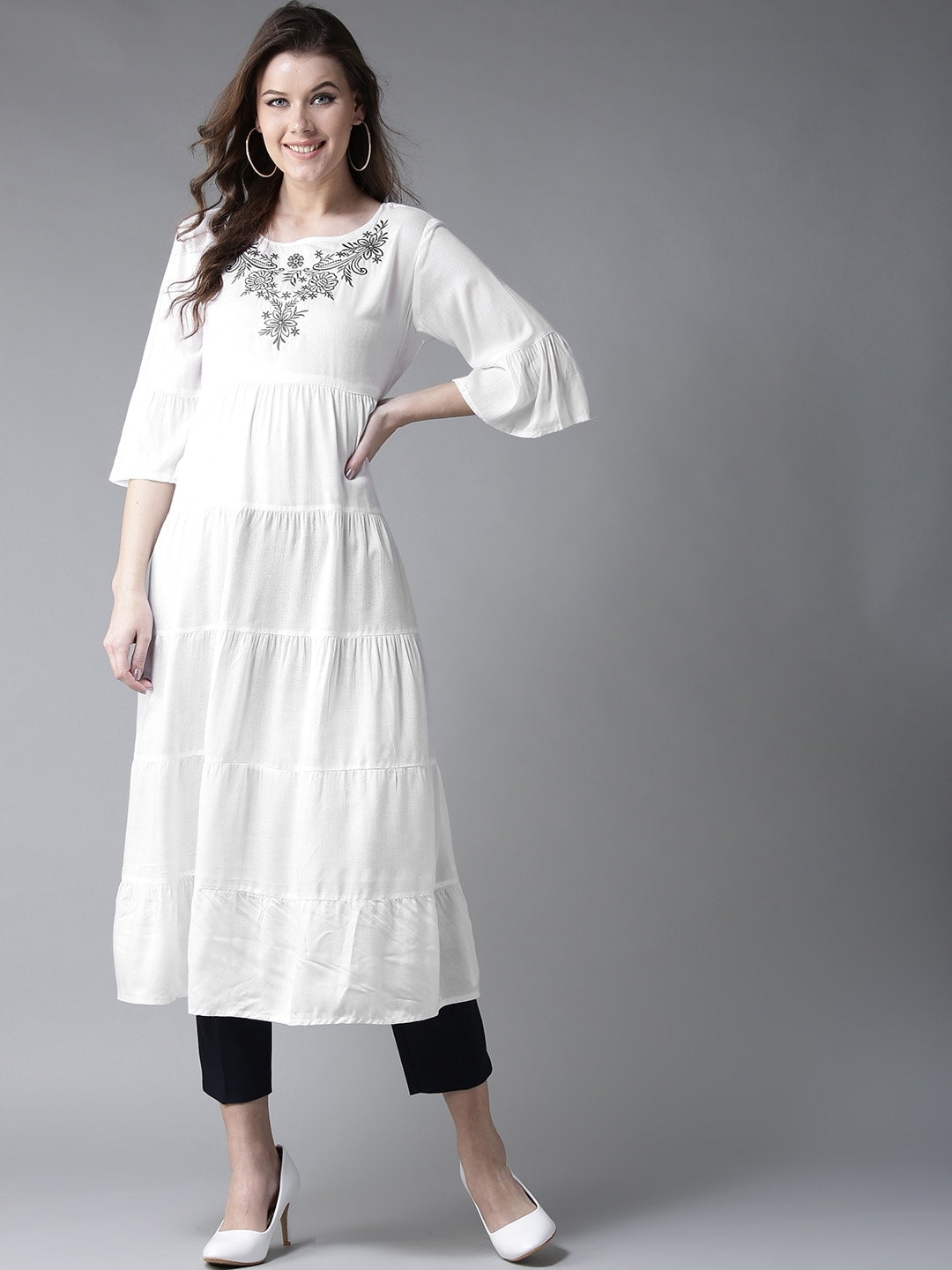 HERE&NOW Women White Yoke Design Anarkali Kurta | Grocsy