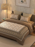 BELLA CASA Brown & Beige Ethnic Motifs Cotton 350 TC King Bedsheet with 2 Pillow Covers | Grocsy