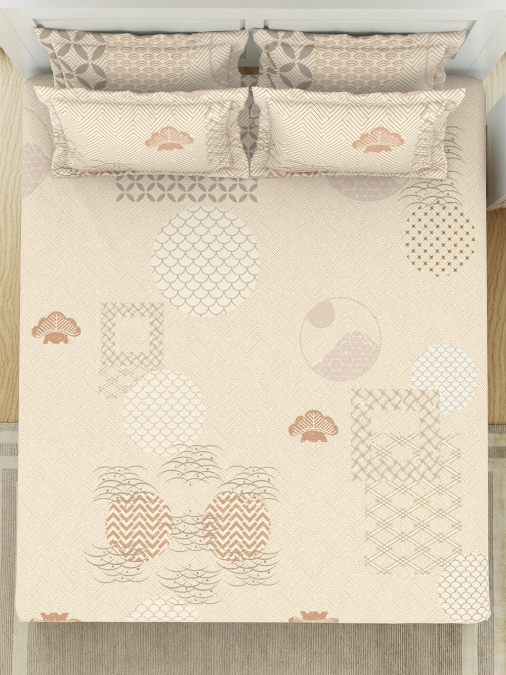 SPACES Pattern Art Cream Printed Egyptian Cotton 350 TC King Bedsheet & 4 Pillow Covers | Grocsy