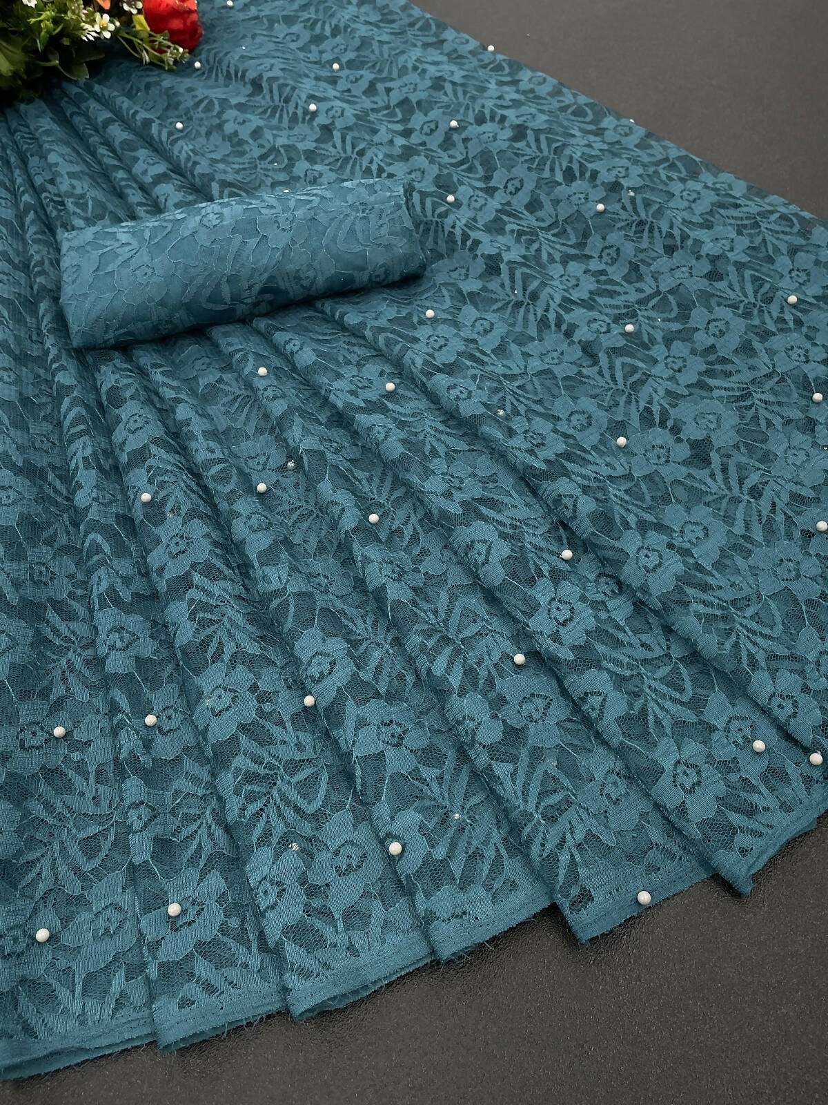 Vamika Rama Green Pearls Net Saree | Grocsy