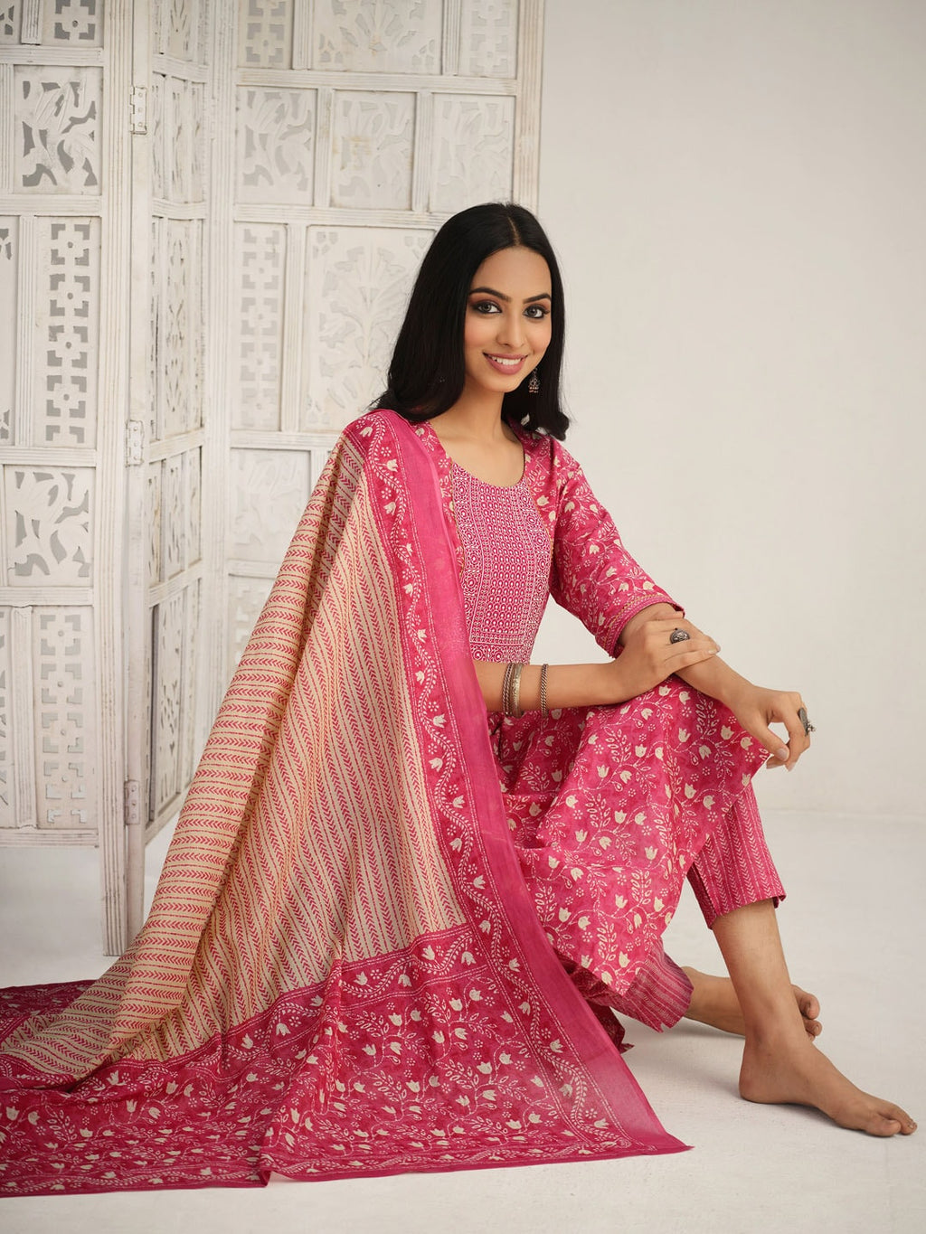Sangria Red Floral Printed Gotta Patti Pure Cotton Kurta With Trouser & Dupatta | Grocsy