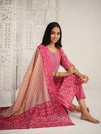 Sangria Red Floral Printed Gotta Patti Pure Cotton Kurta With Trouser & Dupatta | Grocsy