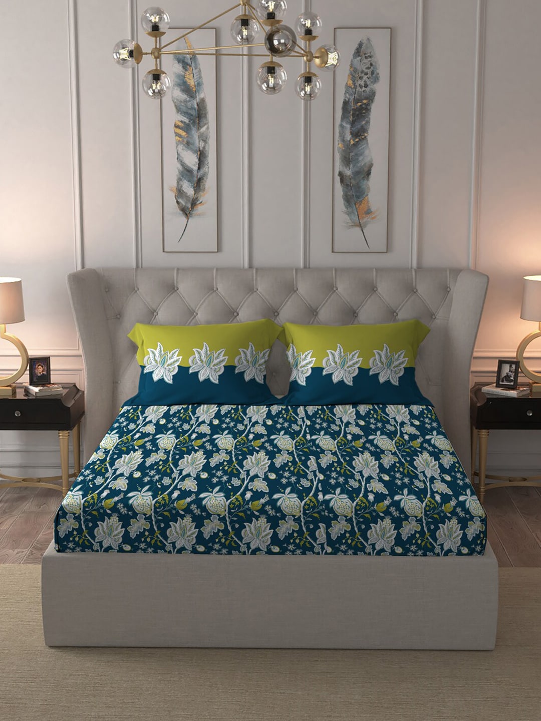 MYTRIDENT Blue White Floral Cotton 144 TC Queen Bedsheet With 2 Pillow Covers | Grocsy