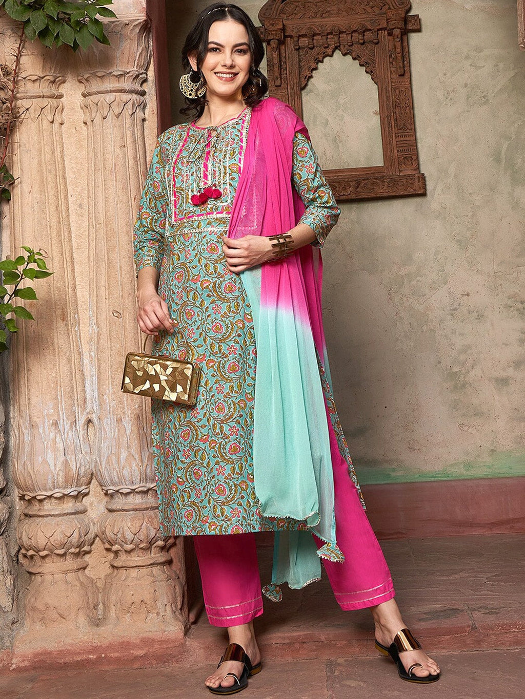 Sangria Ethnic Motifs Yoke Design Pure Cotton Kurta With Trousers & Dupatta | Grocsy