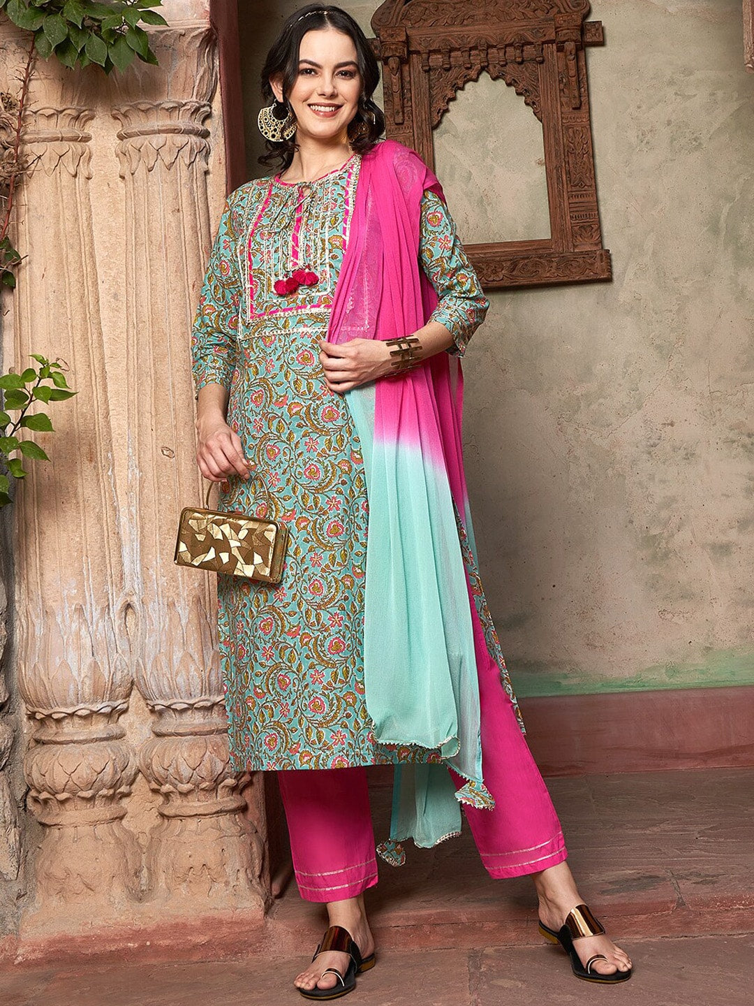 Sangria Ethnic Motifs Yoke Design Pure Cotton Kurta With Trousers & Dupatta | Grocsy