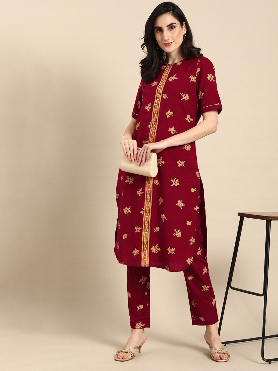 All About You Women Maroon & Mustard Yellow Floral Printed Pure Cotton Kurta with Trousers | Grocsy