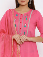 HERE&NOW Pink & Green Floral Embroidered Zari Work Kurta with Palazzos & Dupatta | Grocsy