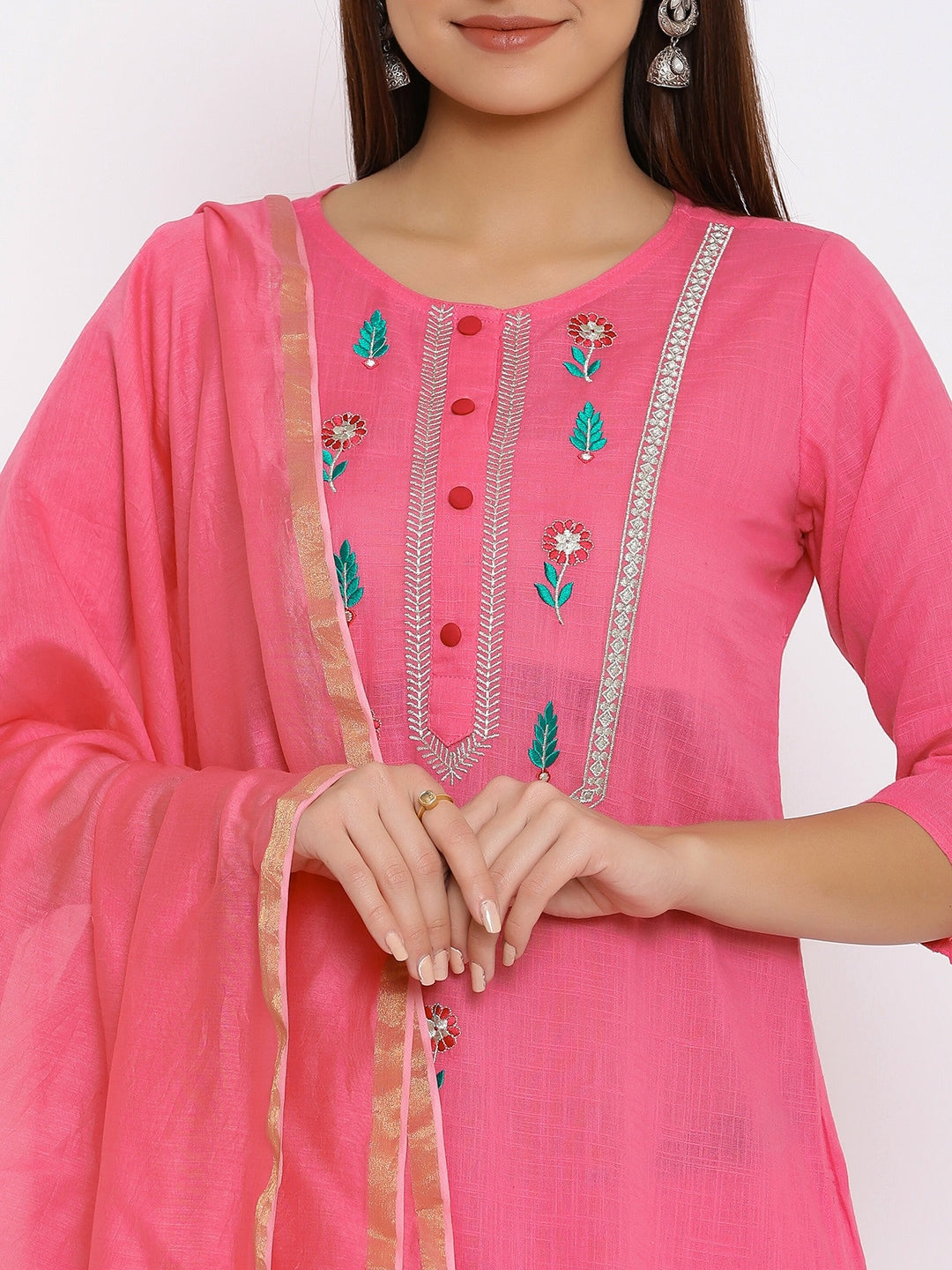 HERE&NOW Pink & Green Floral Embroidered Zari Work Kurta with Palazzos & Dupatta | Grocsy