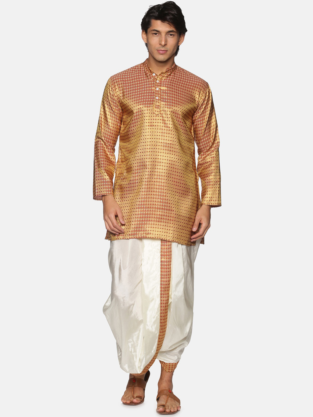 Sethukrishna Men Gold-Toned Striped Kurta with Dhoti Pants | Grocsy