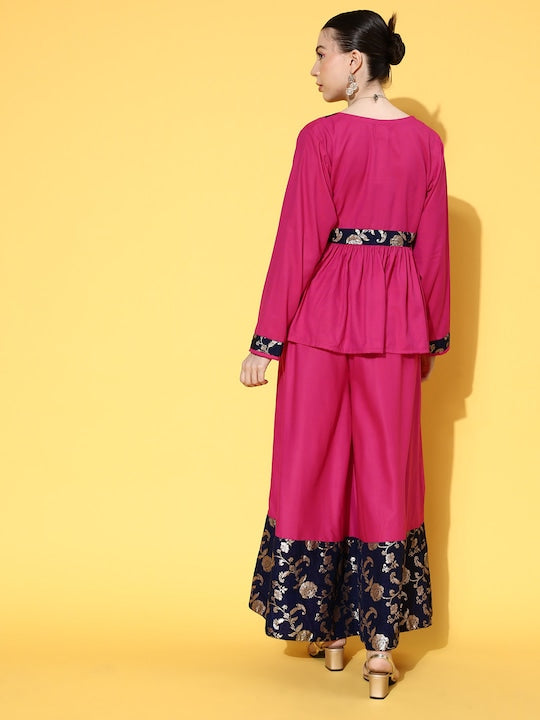 InWeave Women's Fuchsia Blue Brocade Mughal Shaan Kurta Palazzo Set | Grocsy