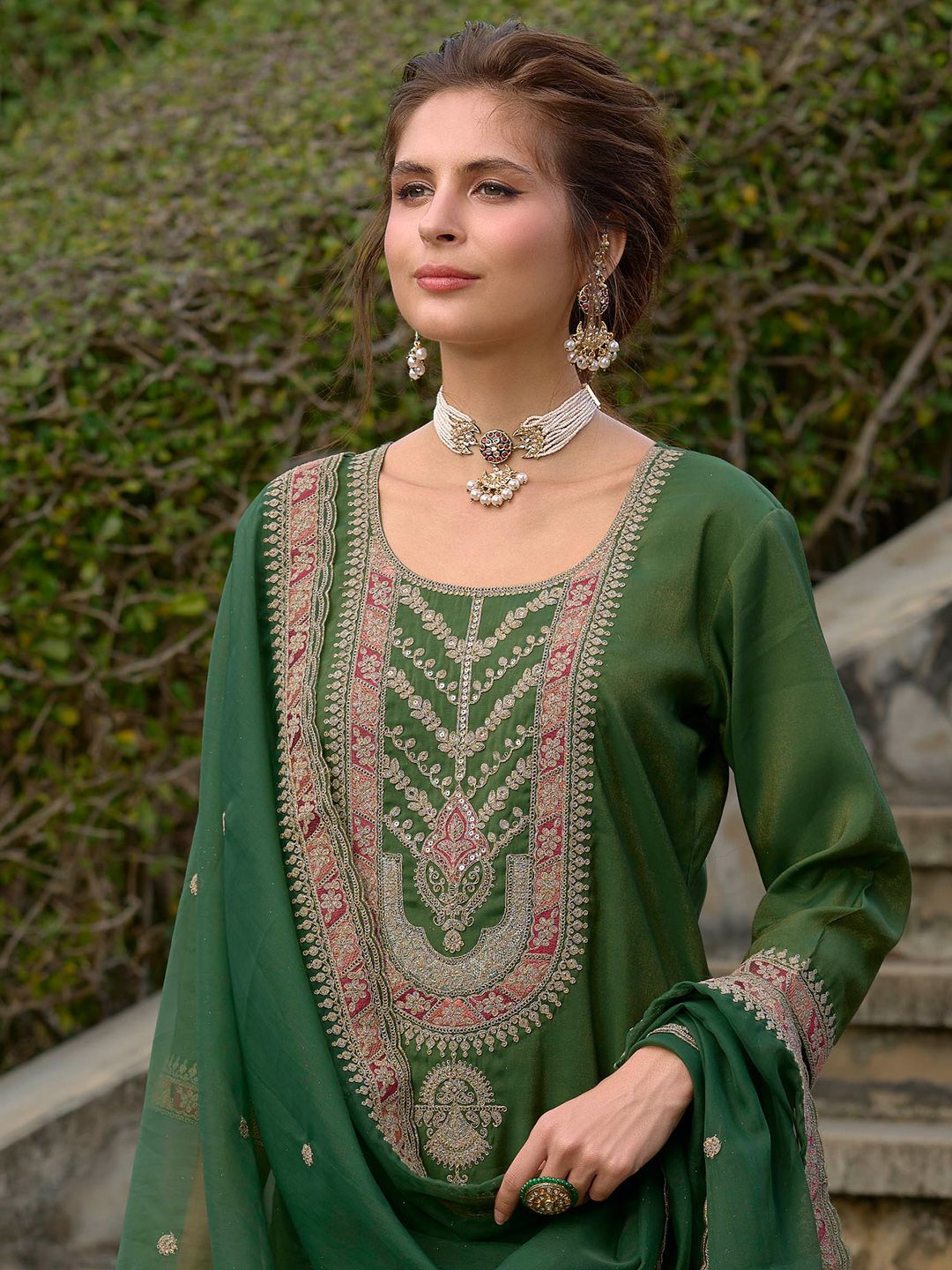 Indo Era Ethnic Motifs Yoke Design Straight Kurta with Trousers & Dupatta | Grocsy