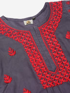 ADA Women Charcoal Grey & Red Chikankari Hand Embroidered Cotton Straight Sustainable Handloom Kurta | Grocsy