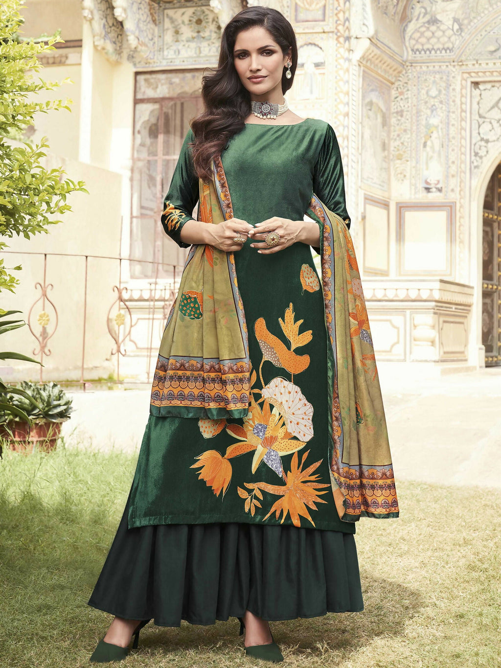 Jyoti Fashion Women's Green Velvet Floral Digital Printed Kurta with Trouser & Dupatta | Grocsy