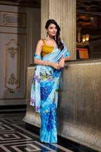 Vastranavya Sea Blue Satin Silk Printed Saree with Hotfix Work Unstitched Blouse | Grocsy