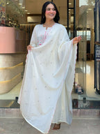The52 White Women's Beautiful Cotton Fabric Thread Work Straight Kurta Pant and Dupatta Set | Grocsy