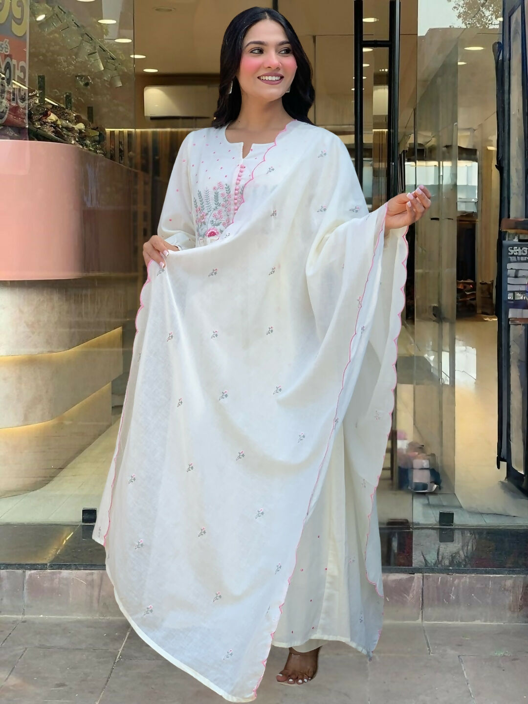 The52 White Women's Beautiful Cotton Fabric Thread Work Straight Kurta Pant and Dupatta Set | Grocsy