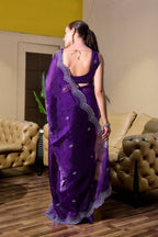 Vastranavya Purple-Blue Embroidery Work Shimmer Chiffon Saree with Unstitched Blouse | Grocsy