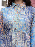 Light Blue Crepe Foil Printed Long Dress - Michan | Grocsy