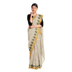 Exclusive Collection 100% Pure Cotton Off White Pesta Saree With Printed Work | Grocsy