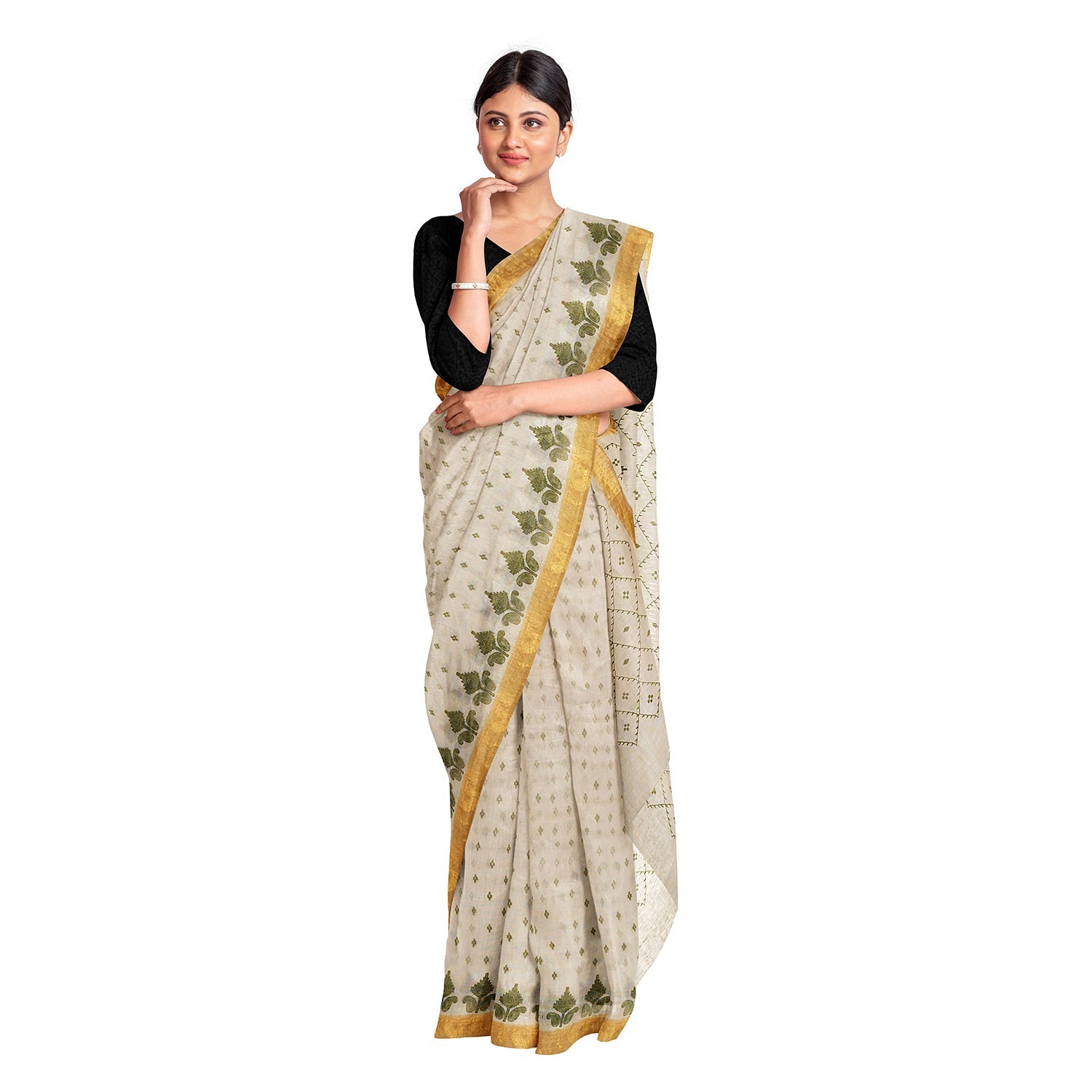 Exclusive Collection 100% Pure Cotton Off White Pesta Saree With Printed Work | Grocsy
