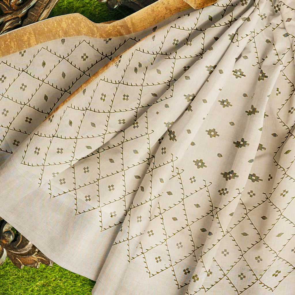 Exclusive Collection 100% Pure Cotton Off White Pesta Saree With Printed Work | Grocsy