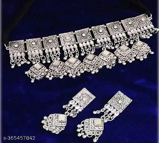 Tehzeeb Creations Women's Silver Colour Oxidised Necklace Set With Mirror Work | Grocsy