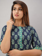 HERE&NOW Turquoise Blue Floral Printed Regular Kurta with Palazzos | Grocsy