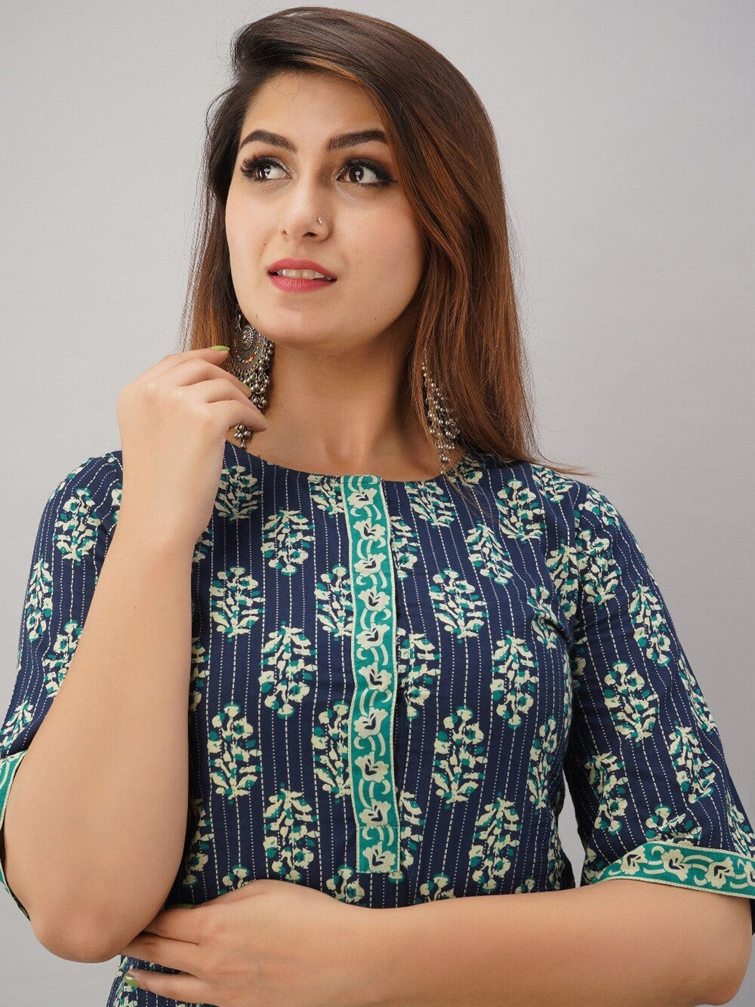 HERE&NOW Turquoise Blue Floral Printed Regular Kurta with Palazzos | Grocsy