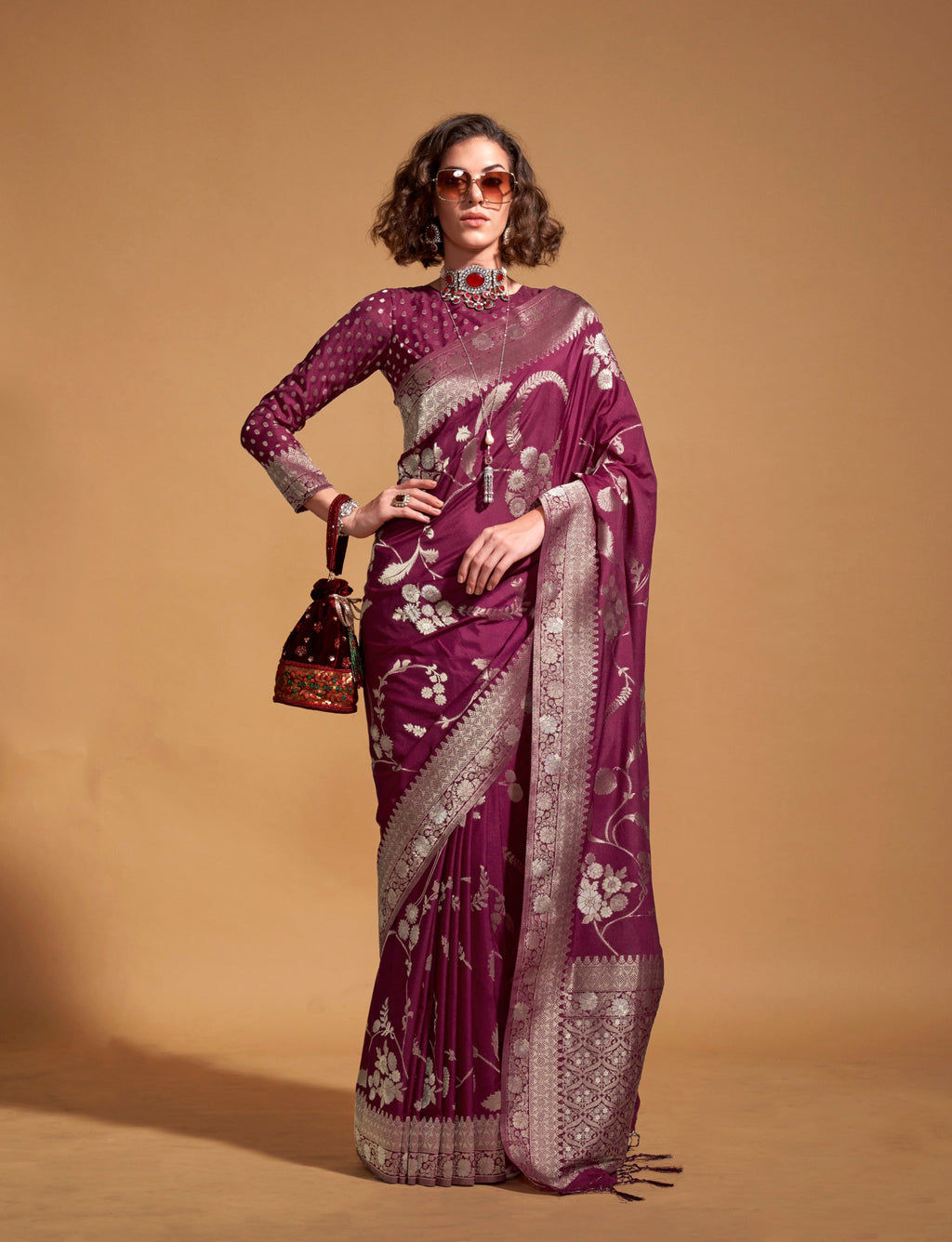 Monjolika Fashion Wine Silk Weaving Designer Traditional Saree | Grocsy