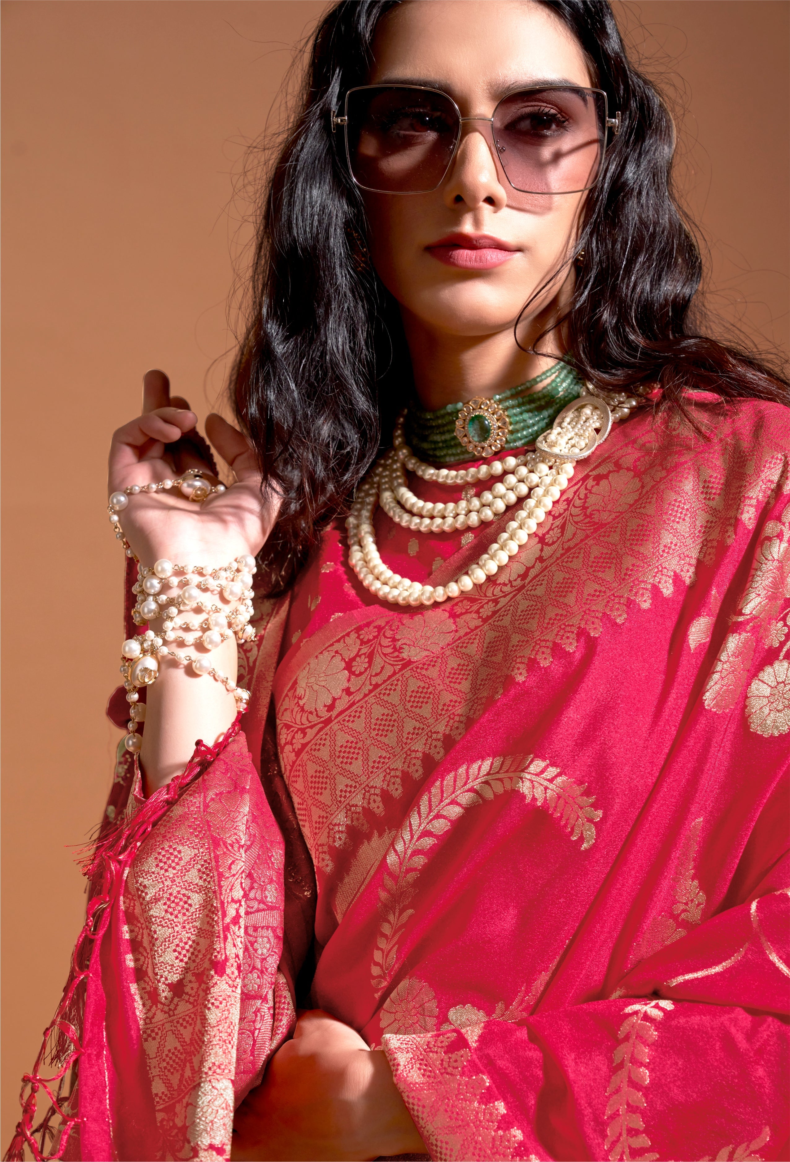 Monjolika Fashion Rani Pink Silk Weaving Designer Traditional Saree | Grocsy