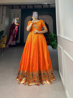 Lorenvalley Orange Jacquard Silk Paithani Woven Design Gown | Grocsy