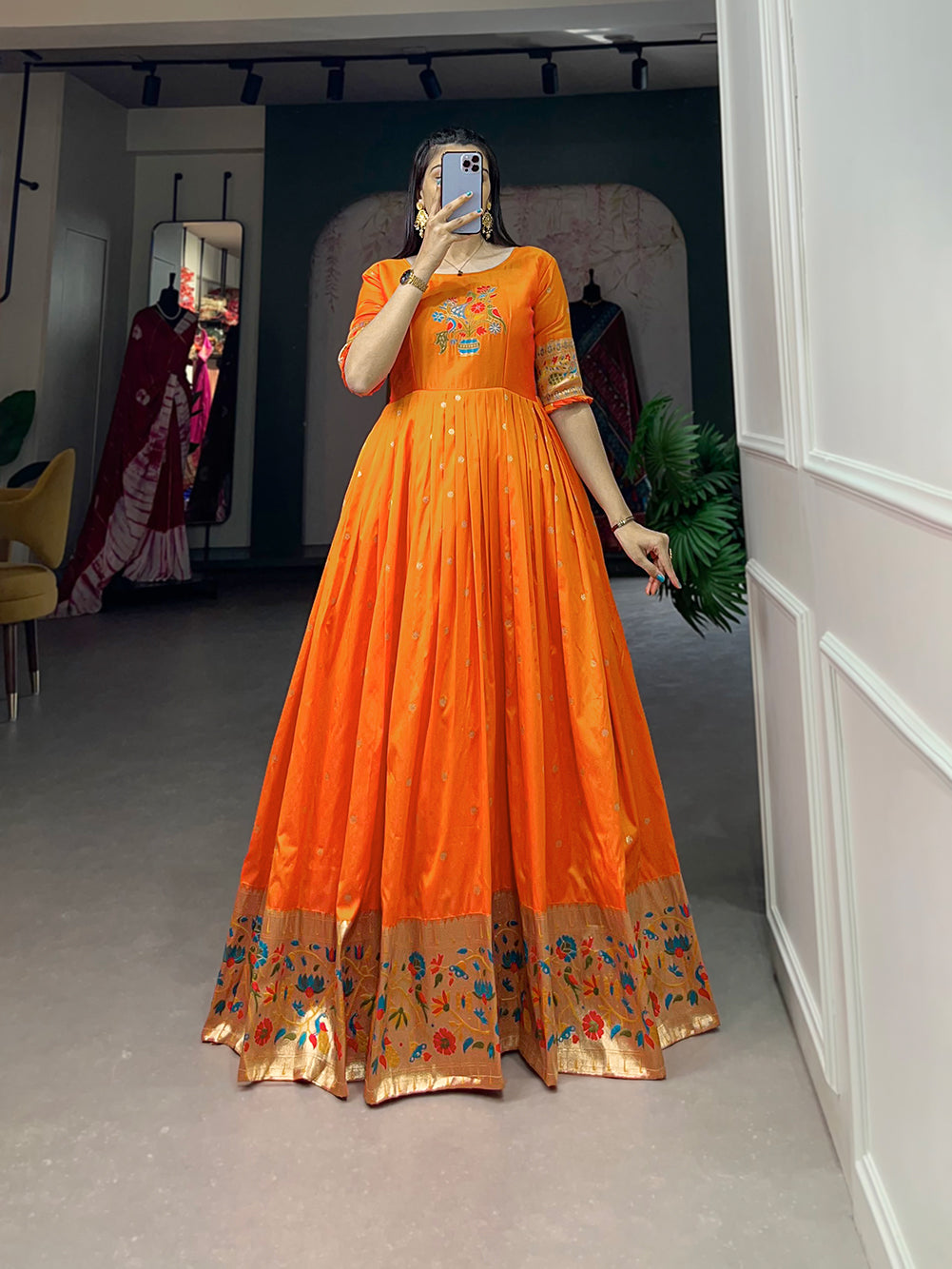 Lorenvalley Orange Jacquard Silk Paithani Woven Design Gown | Grocsy