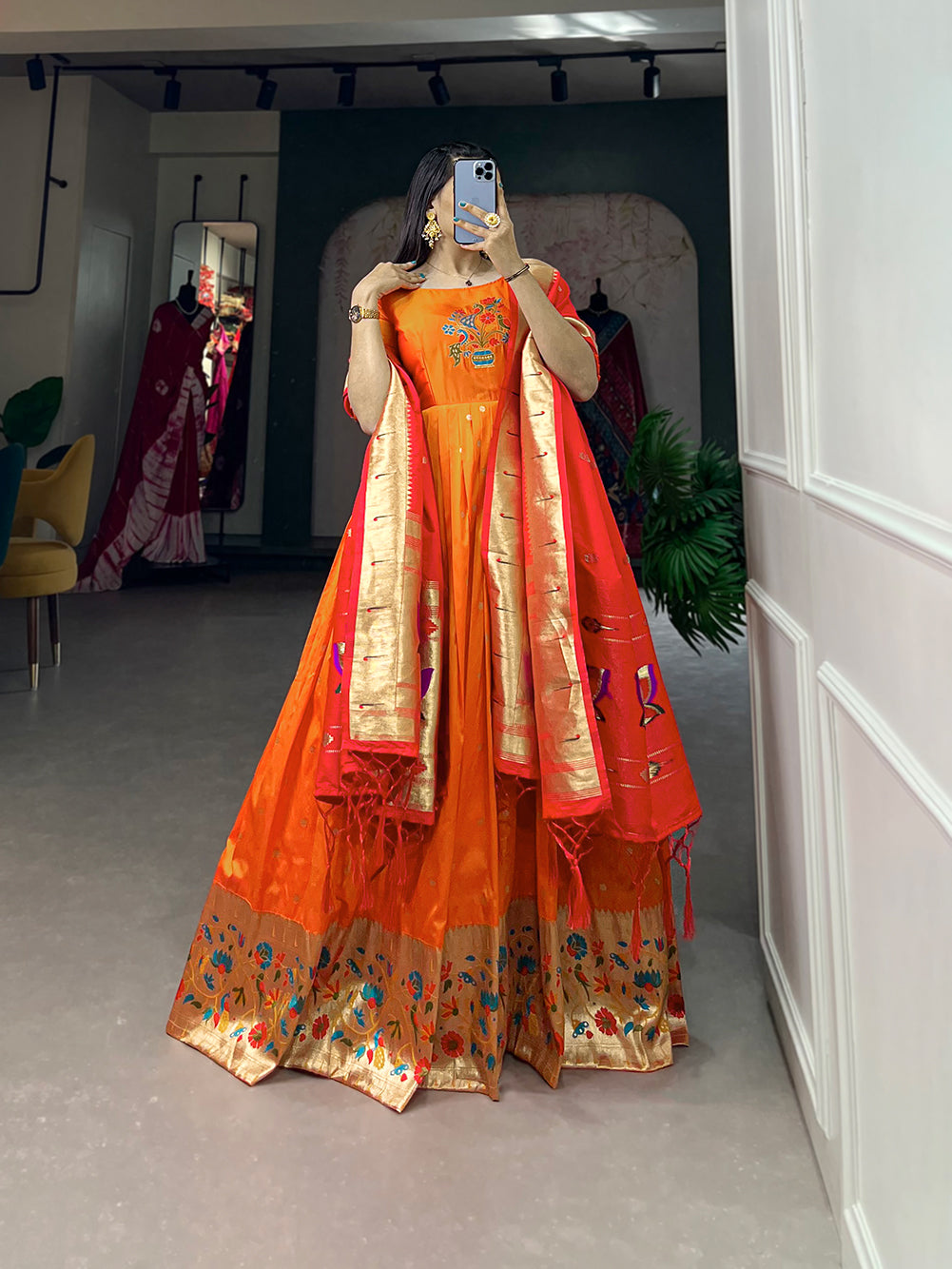 Lorenvalley Orange Jacquard Silk Paithani Woven Design Gown with Dupatta | Grocsy