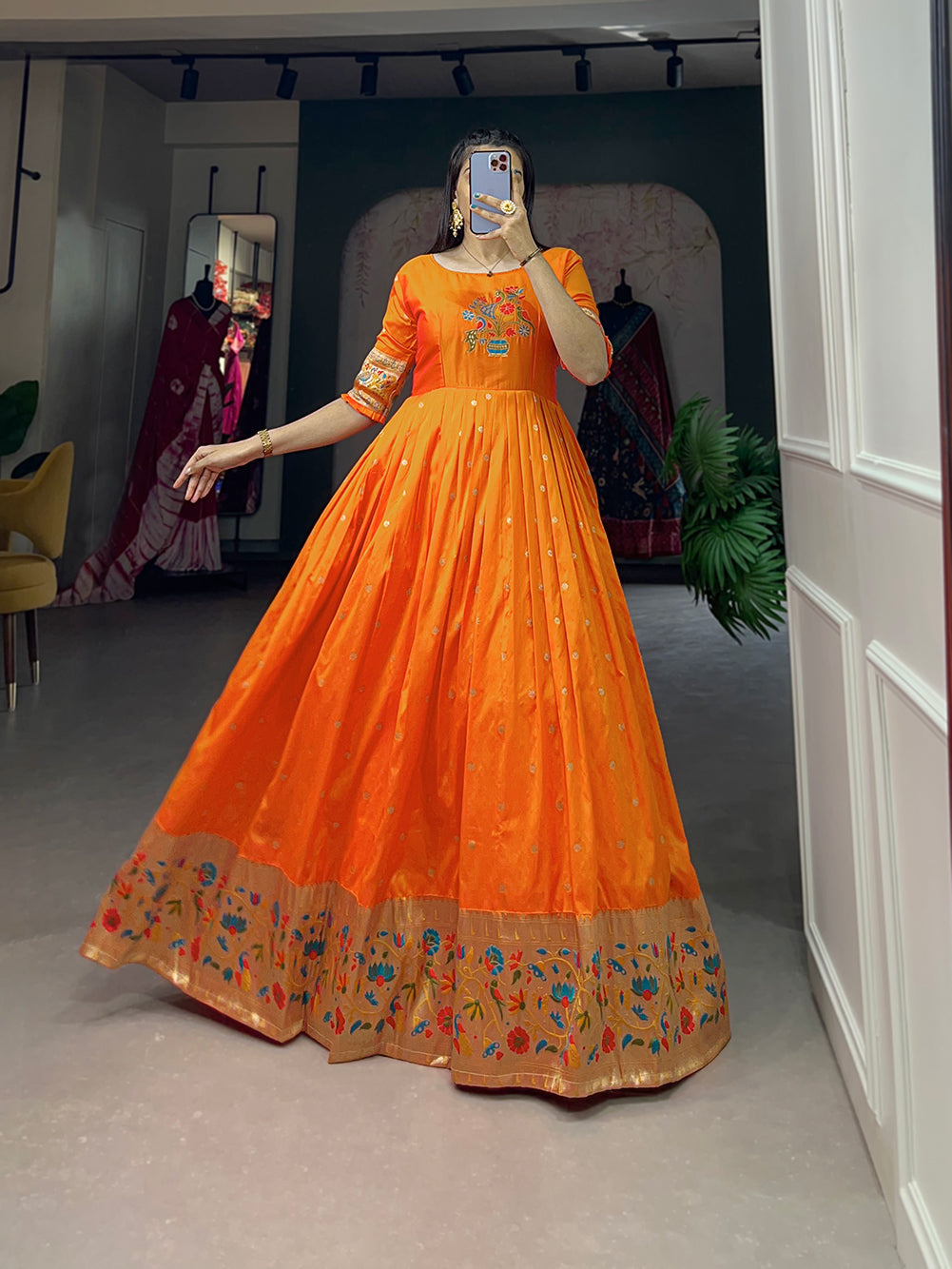 Lorenvalley Orange Jacquard Silk Paithani Woven Design Gown | Grocsy