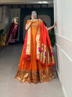 Lorenvalley Orange Jacquard Silk Paithani Woven Design Gown with Dupatta | Grocsy