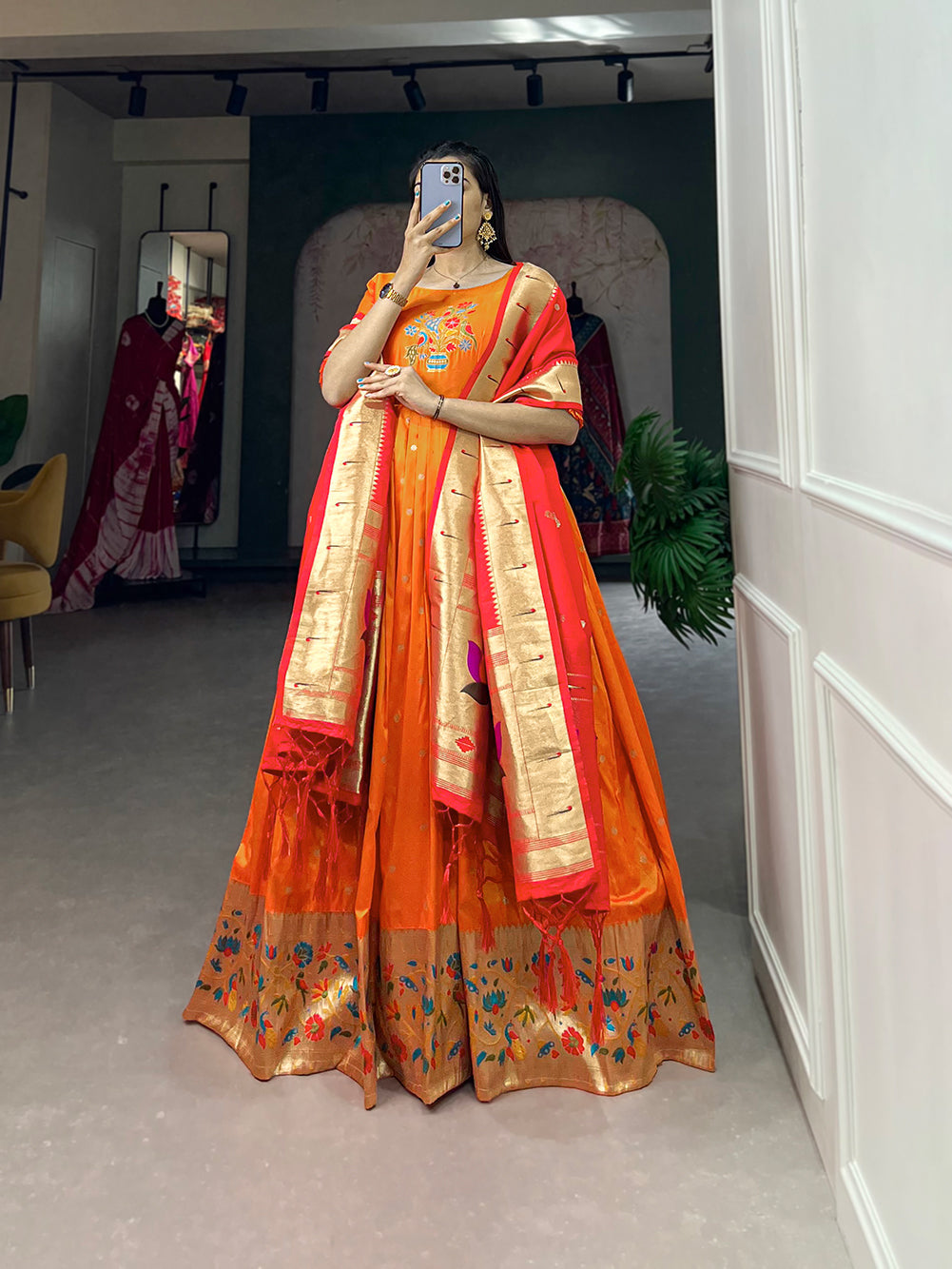 Lorenvalley Orange Jacquard Silk Paithani Woven Design Gown with Dupatta | Grocsy